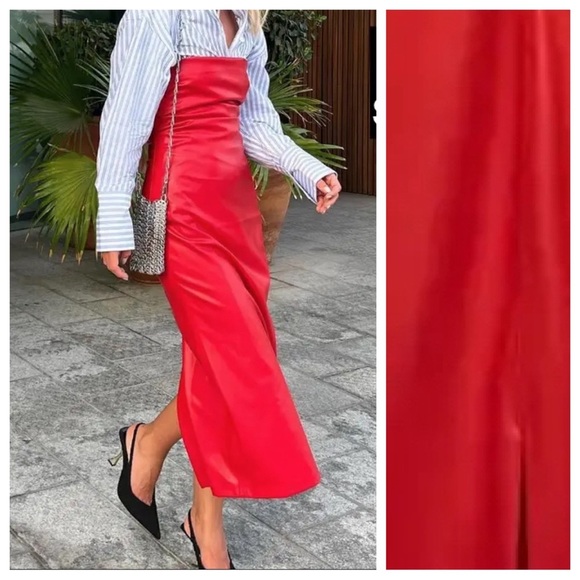 NWOT. Zara Red Faux Leather Off-the-Shoulder Midi Dress. Size S. - Picture 6 of 12